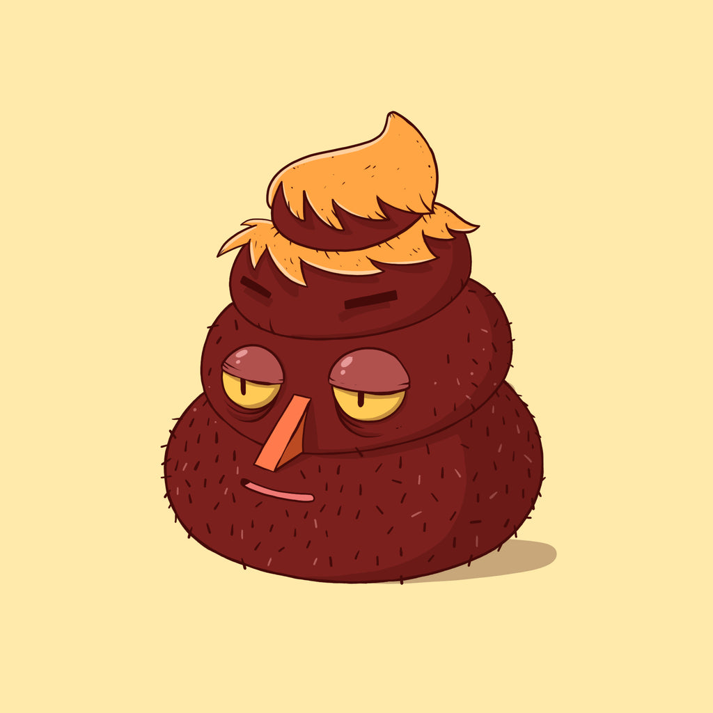 A cartoon-style illustration of a brown, poop-shaped character with yellow eyes, a small orange nose, and orange hair on top, centered on a pale yellow background.