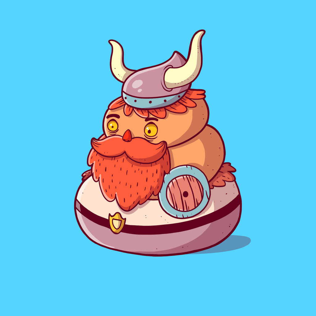 A cartoon illustration of a cute, round orange creature with a large orange beard, wearing a purple horned helmet and sitting on a round purple cushion, set against a solid light blue background.