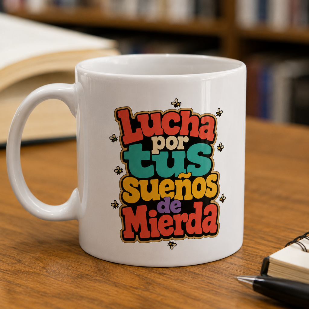 A white ceramic coffee mug with a colorful Spanish text graphic reading 'Lucha por tus sueños de mierda' in red, teal, yellow, and purple lettering, styled on a wooden desk with a blurred book and notebook in the background.