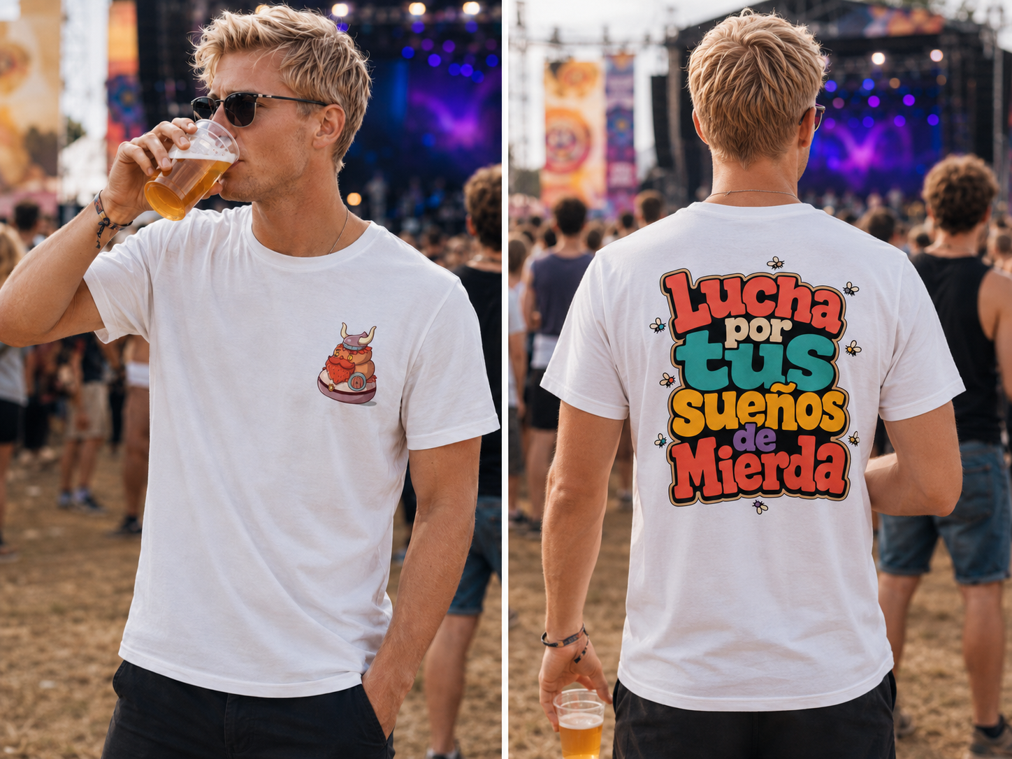 A man wearing a white graphic t-shirt at an outdoor concert or festival. The left panel shows him from the front drinking from a beer glass, with a small cartoon graphic on the left chest.