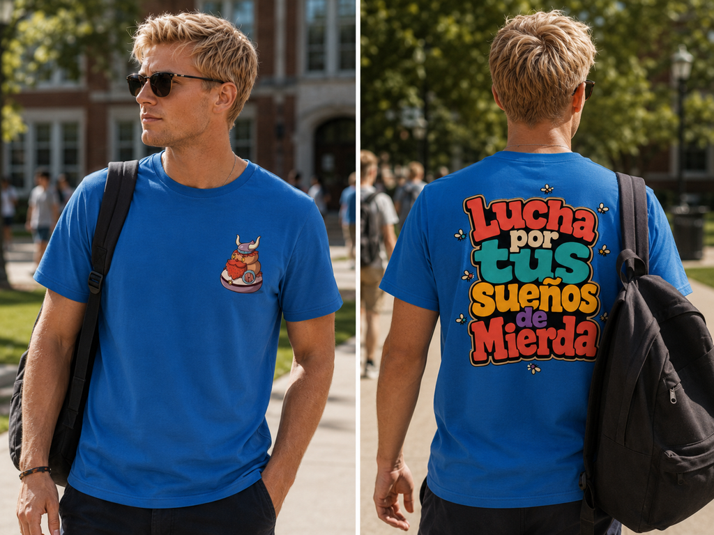 A man wearing a bright blue graphic T-shirt is shown from the front and back in a sunny outdoor campus setting. The front has a small multicolor graphic on the left chest, and the back features a large colorful slogan reading 'Lucha por tus sueños de mierda' in red, yellow, green, and orange lettering with small star accents.