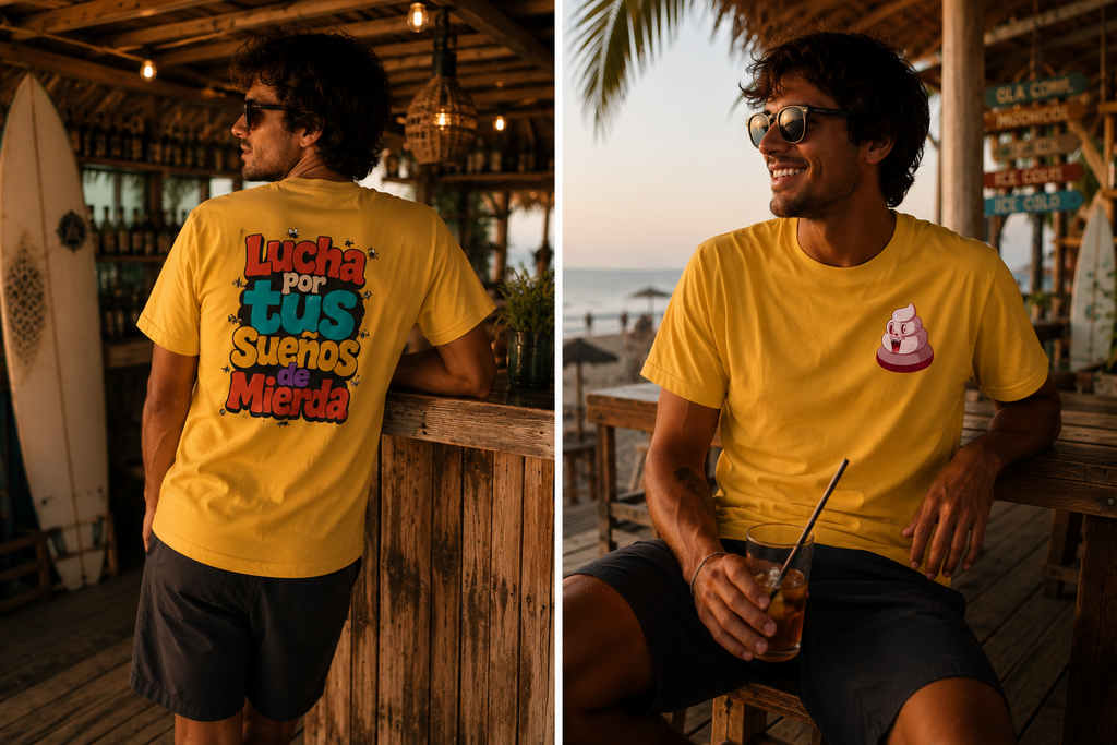 Camiseta amarilla "Lucha por tus sueños de mierda" con diseño frontal y estampado trasero, estilo surfero para hombre.