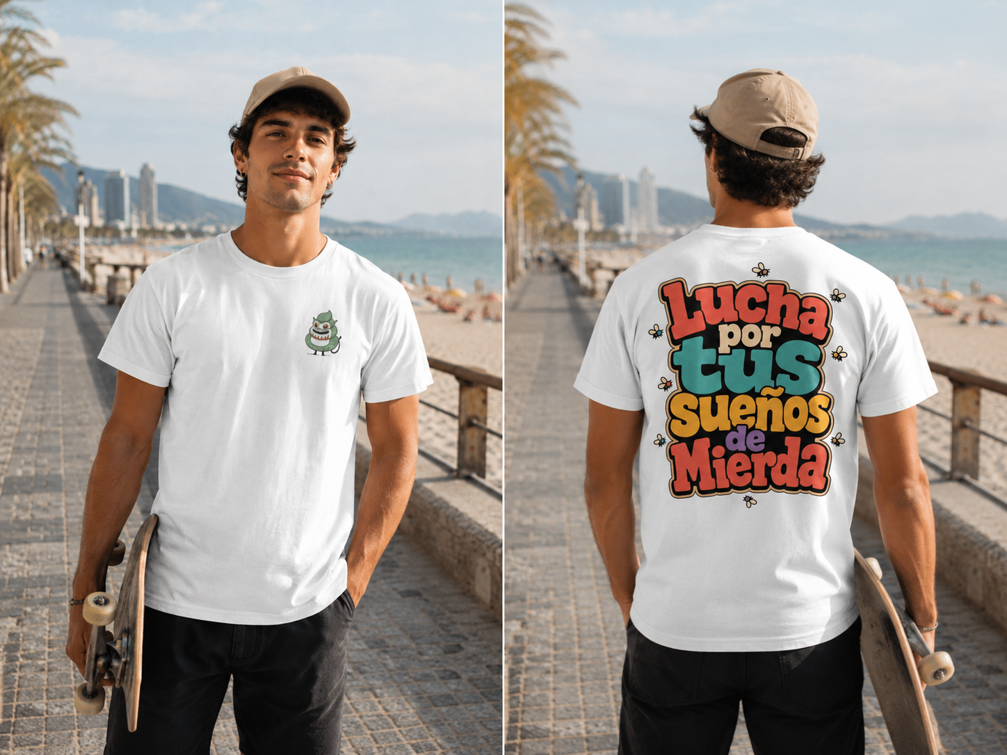 A man standing on a beach boardwalk wearing a white graphic T-shirt, shown from both the front and back. The front has a small green chest graphic, and the back features a large colorful text graphic reading 'Lucha por tus sueños de Mierda' in red, orange, yellow, and blue.