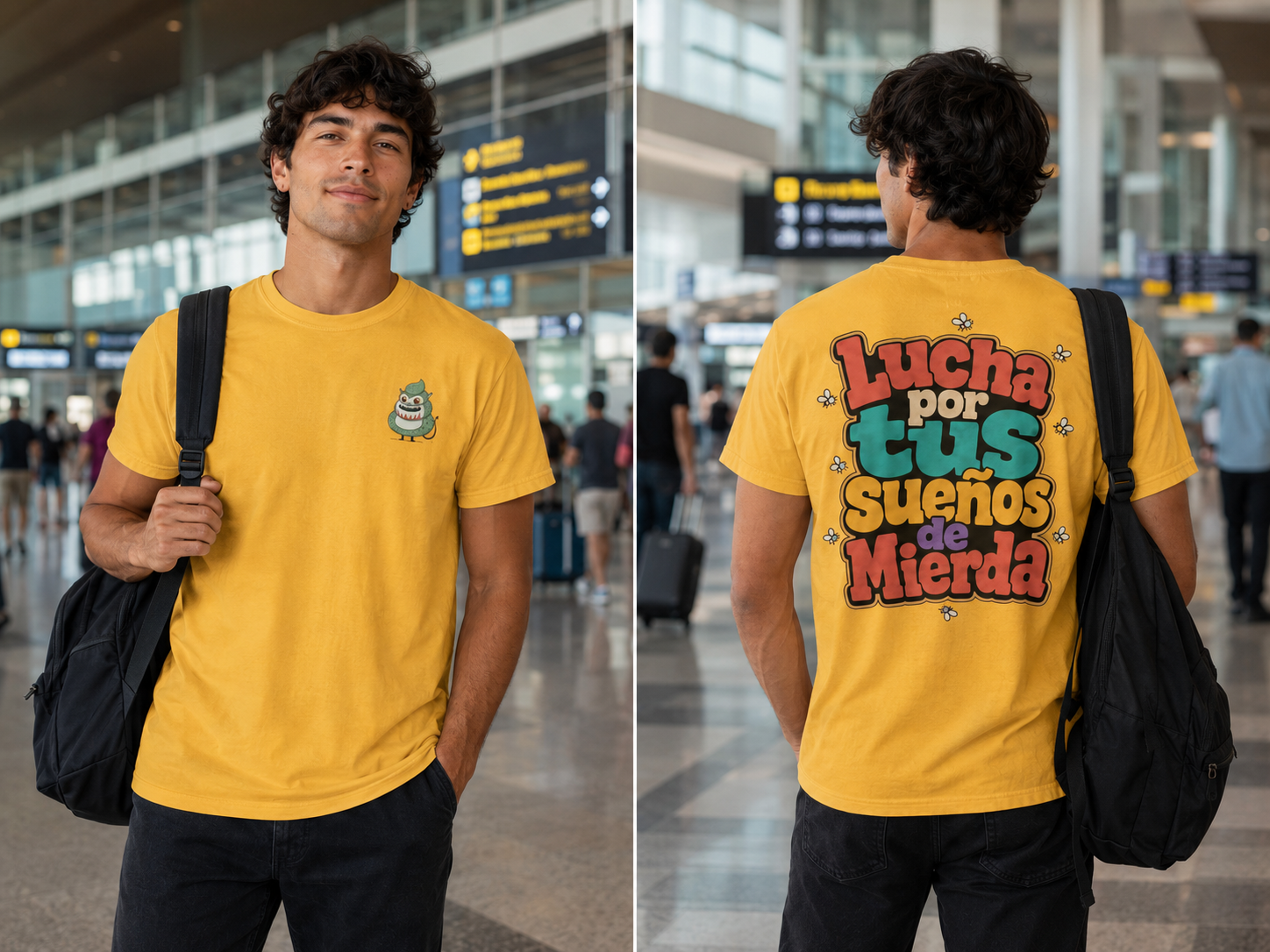A man standing in an airport terminal wearing a bright yellow graphic T-shirt. The left panel shows the front of the shirt with a small cartoon character print on the left chest.