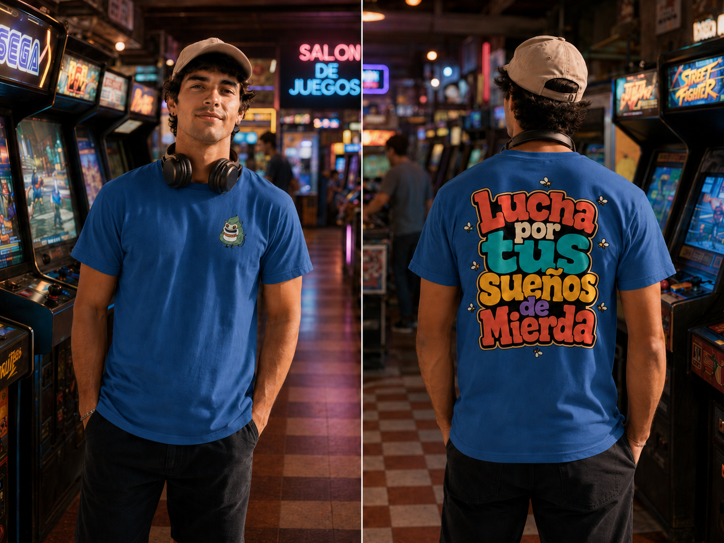 A man standing in an arcade, shown from both the front and back. He is wearing a bright blue t-shirt with a small circular logo on the front left chest and a large colorful graphic on the back reading 'Lucha por tus sueños de mierda'.