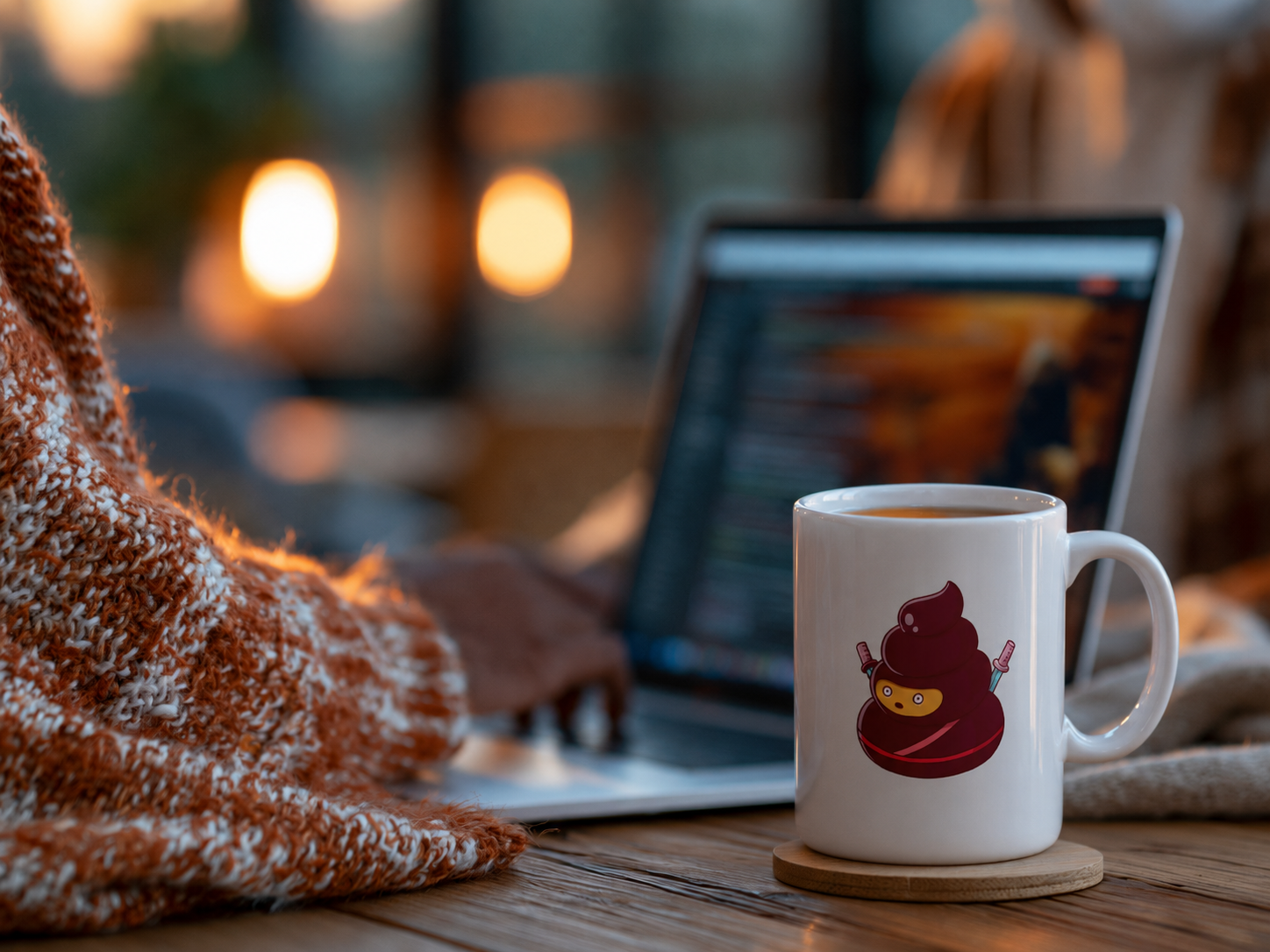 A white ceramic mug with a cartoon poop emoji character wearing a red hoodie sits on a wooden coaster on a table, next to a cozy knit blanket and a blurred laptop in the background.