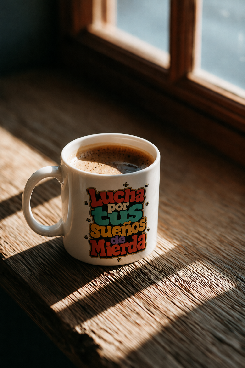 A white ceramic coffee mug filled with espresso sits on a wooden windowsill in warm sunlight. The mug features a colorful Spanish text graphic that reads 'Lucha por tus sueños de mierda' in red, green, yellow, and orange lettering.