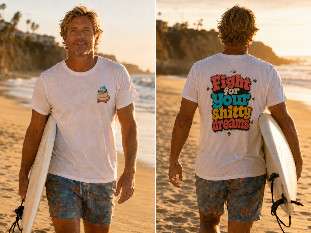 A man on a beach at sunset wearing a white graphic t-shirt and patterned swim trunks, shown from both the front and back. The front features a small colorful owl graphic on the left chest, and the back features a large colorful graphic that reads 'Fight for your shitty dreams'.