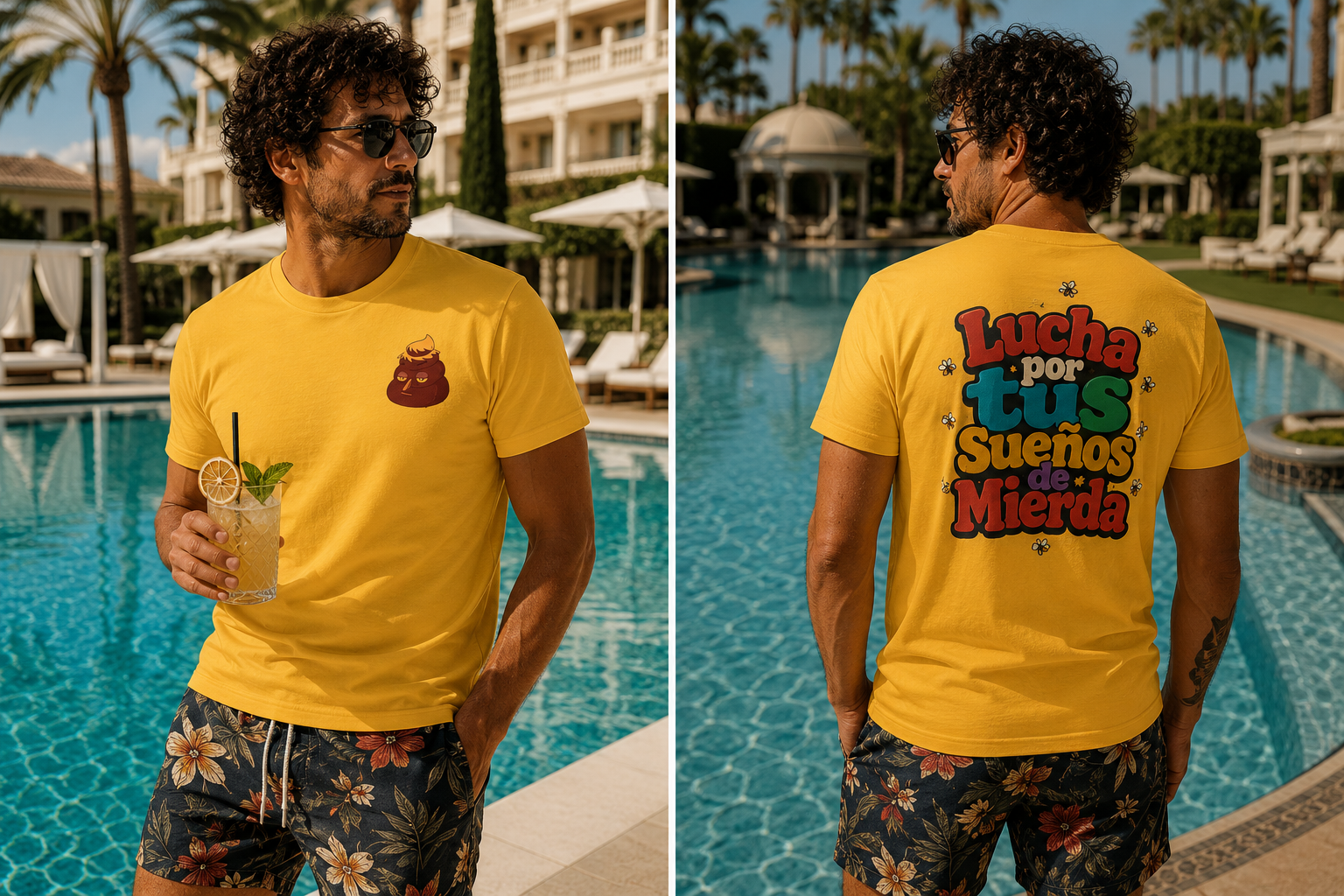 A man standing by a swimming pool wearing a bright yellow graphic t-shirt. The left panel shows him from the front holding a drink, with a small brown graphic on the chest.