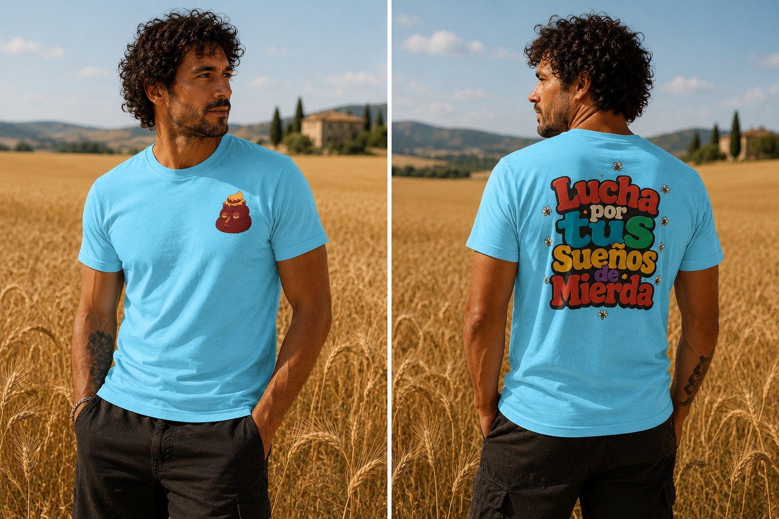 A man standing in a wheat field wearing a light blue graphic T-shirt, shown from both the front and back. The front has a small brown poop emoji graphic, and the back features a large colorful Spanish text graphic reading 'Lucha Dorosa de Sueños de Mierda'.