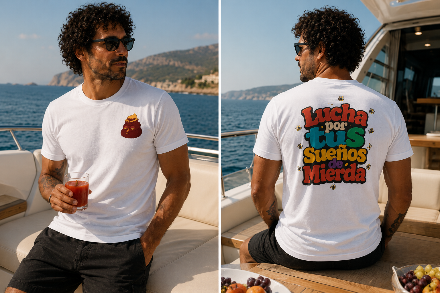A man wearing a white graphic t-shirt is shown from both the front and back on a yacht with the sea and mountains in the background. The front features a small brown graphic on the left chest, while the back displays a large colorful graphic that reads 'Lucha por tus Sueños de Mierda' in red, green, and yellow.